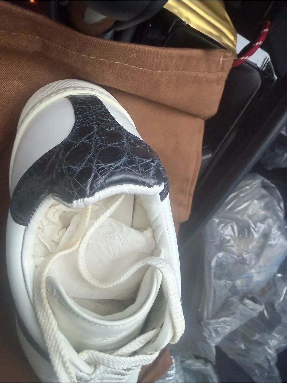 Gucci White Leather Sneaker with Red & Navy Web Stripe